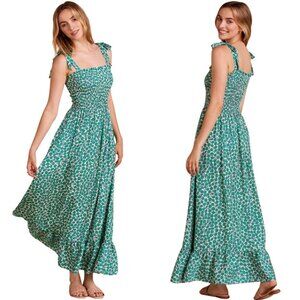 Summersalt Silky Luxe Smocked Maxi Dress Womens Medium Green Printed Bows Ruffle